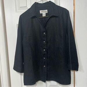 Orvis Vintage 100% Linen Top Blouse Medium 10/12 Black Boxy 3/4 Sleeve Button